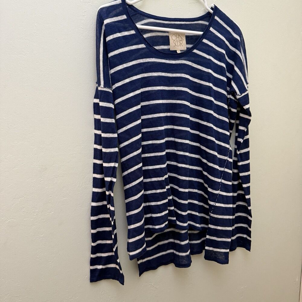 chaser womens top 100% linen womens knit m blue white long sleeves round neck A2